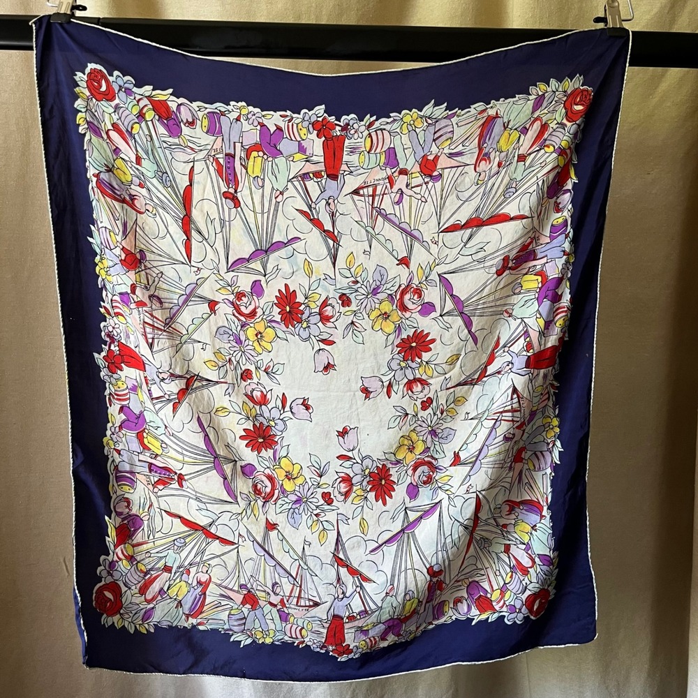 Vintage Yannette Floral Harbor Scarf 27x27 Navy Border Silk Blend